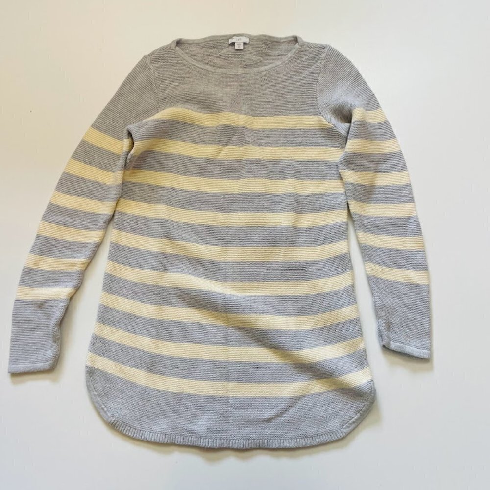 J. Jill Sweater TALL LONG Stripe Knit Thermal Crewneck Yellow Grey Cotton Tunic - Picture 2 of 8